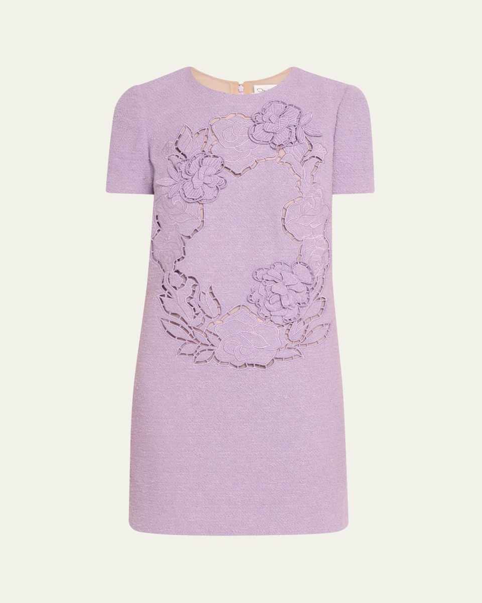 Short-Sleeve Floral Embroidered Tweed Mini Dress
